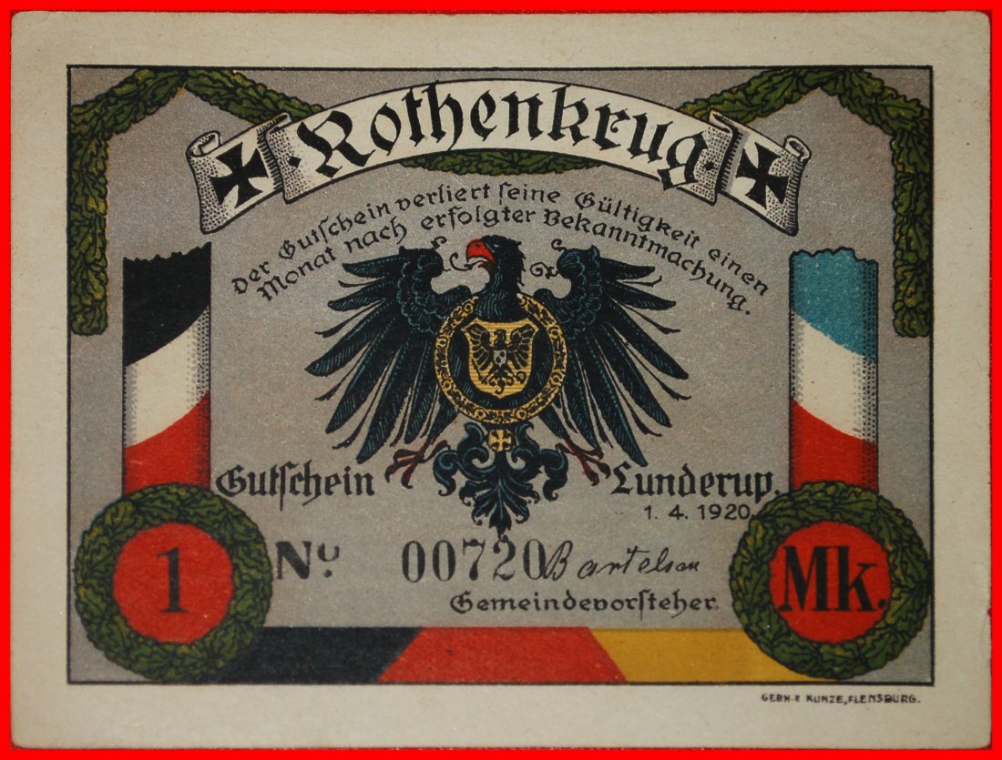  * SCHLESWIG-HOLSTEIN:GERMANY LUNDERUP ROTHENKRUG (RØDEKRO DENMARK)★1 MARK 1920★LOW START★NO RESERVE!   