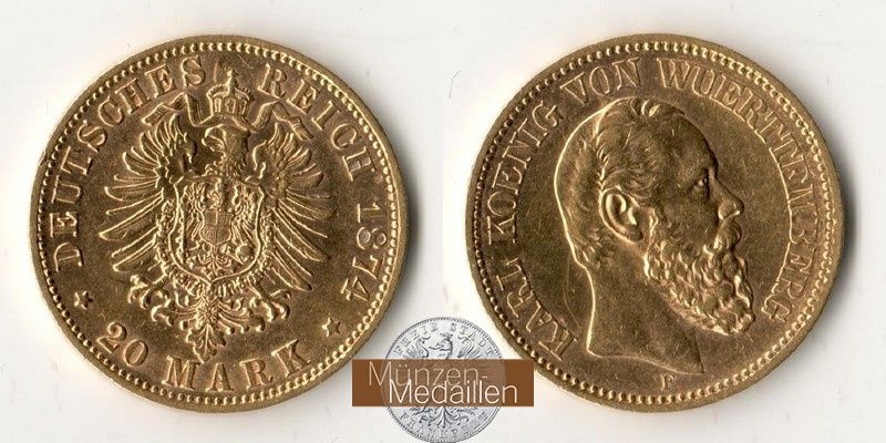 Würtemberg, Königreich MM-Frankfurt Feingewicht: 7,17g Gold 20 Mark 1874 F Karl 1864-1891