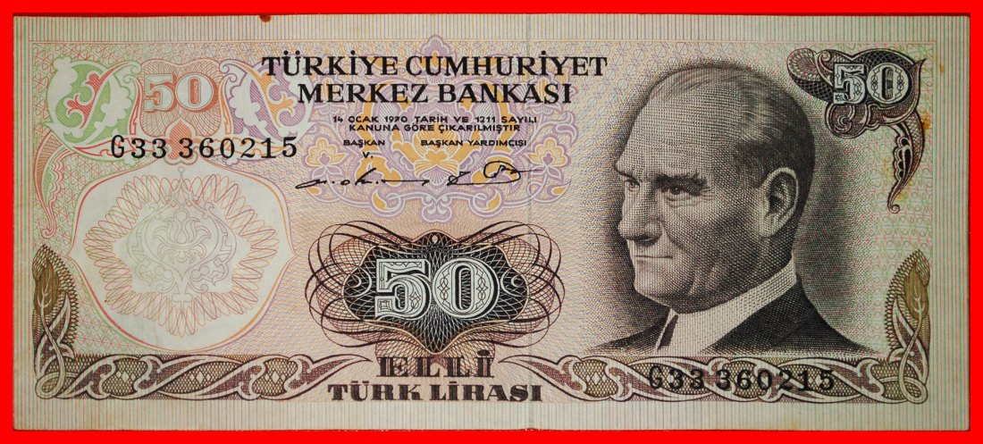  * ATATURK (1923-1938): TURKEY ★ 50 LIRAS (1976-1982) LAW 1970! CRISP!  ★LOW START ★ NO RESERVE!   