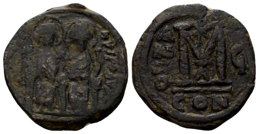  Antike, Byzanz (Justinus II & Sophia), Bronze; 13,87 g   