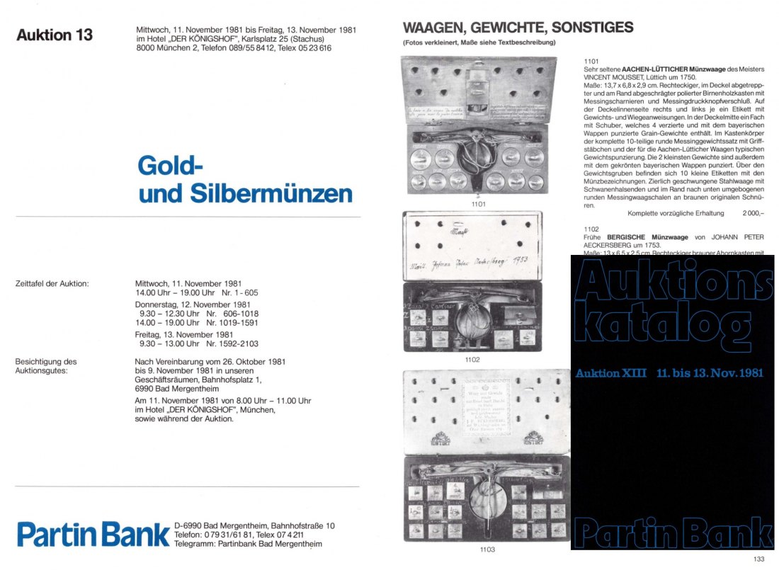  Bankhaus Partin Auktion 13 (1981) ua. Typensammlung Reichssilbermünzen ab 1871 / Serie Münzwaagen   