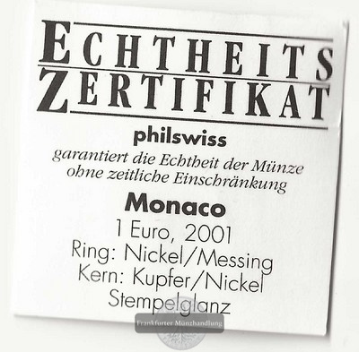  Monaco  1 Euro  (Gedenkmünzen)  2001  FM-Frankfurt  Fürst Rainer III.   