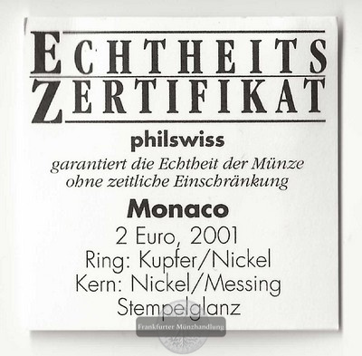  Monaco  2 Euro  (Gedenkmünzen)  2001  FM-Frankfurt  Fürst Rainer III.   