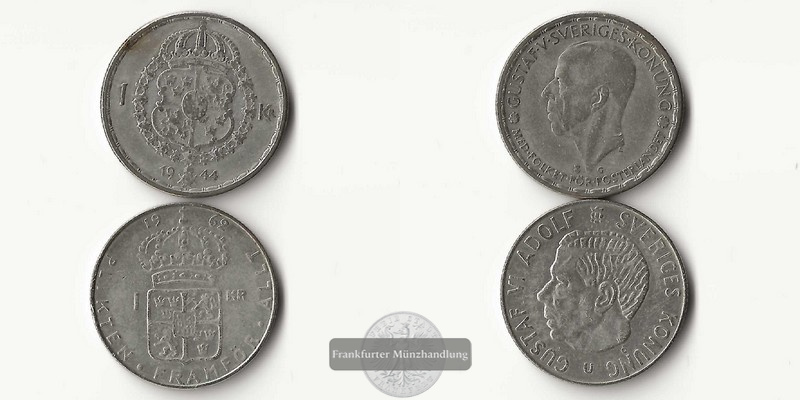  Schweden, 2x 1 Krone 1944+1962   Gustaf VI.   FM-Frankfurt  Feingewicht: 5,6g   