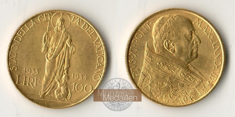  Vatikan  100 Lire 1934  MM-Frankfurt Feingold: 7,92g   