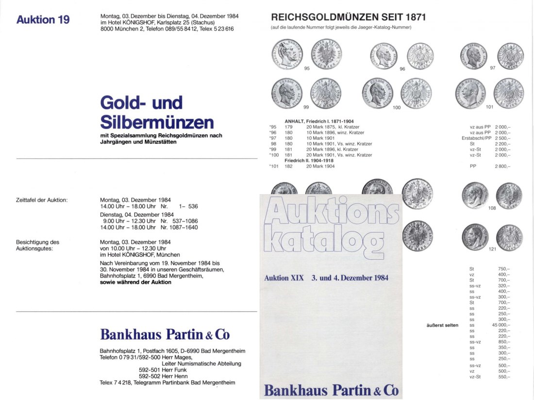  Bankhaus Partin Auktion 19 (1984)ua Spezialsammlung Reichsgoldmünzen nach Jahrgängen und Münzstätten   