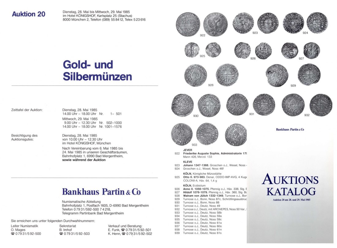  Bankhaus Partin Auktion 20 (1985) Gold und Silbermünzen vom Mittelalter bis Neuzeit   