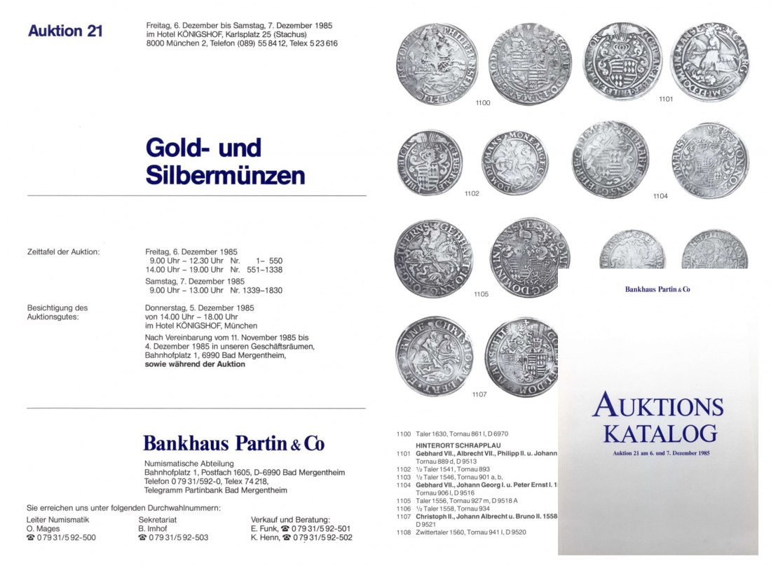  Bankhaus Partin Auktion 21 (1985) Gold & Silbermünzen Mittelalter - Neuzeit ua. große Serie Mansfeld   