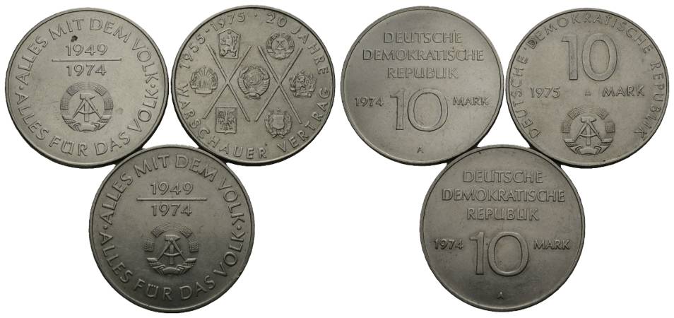  DDR; 3 Münzen; 10 Mark 1974/1975   