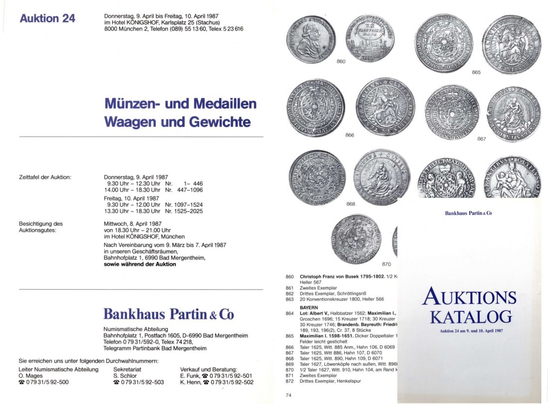  Bankhaus Partin Auktion 24 (1987) Münzen vom Mittelalter bis Neuzeit ,Waagen & Gewichte Serie Bayern   