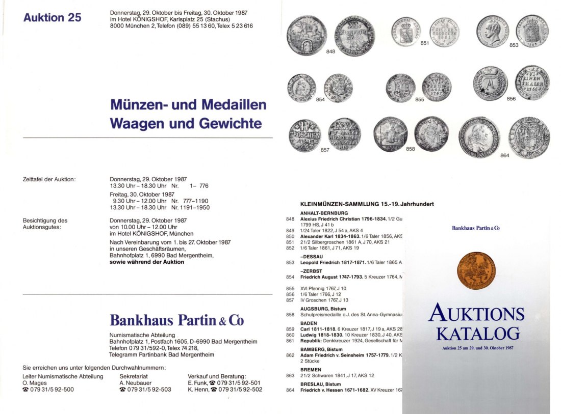  Bankhaus Partin Auktion 25 (1987) Münzen & Medaillen ,Waagen ,Kleinmünzen Sammlung 15-19 Jahrhundert   