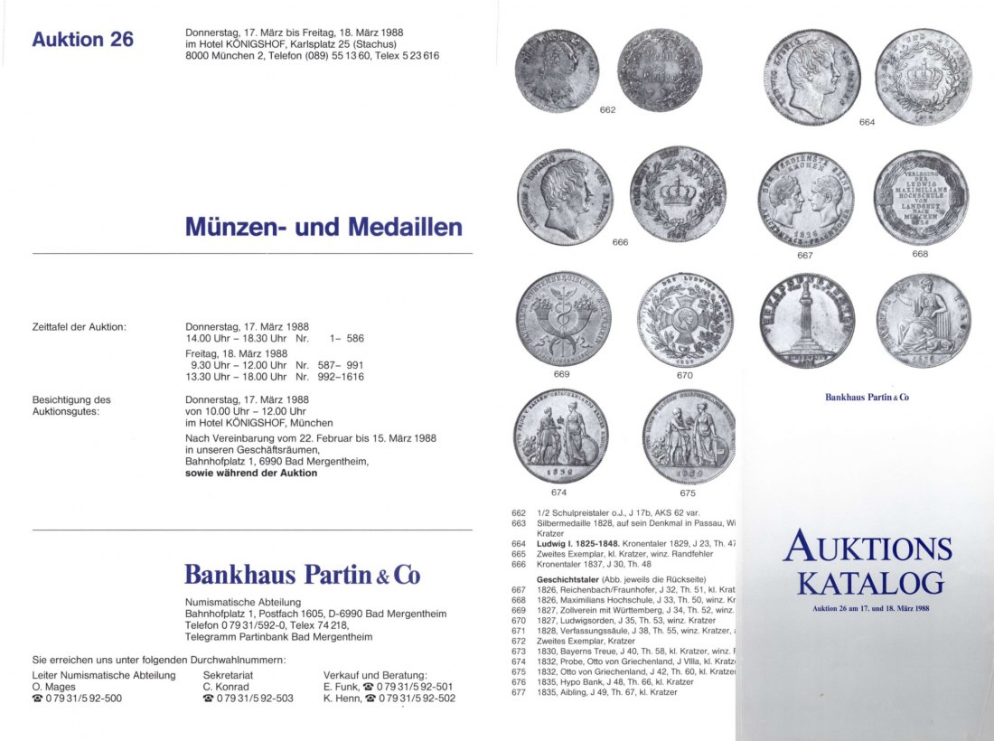  Bankhaus Partin Auktion 26 (1988) Münzen & Medaillen vom Mittelalter bis Neuzeit ,Serie Bayern   