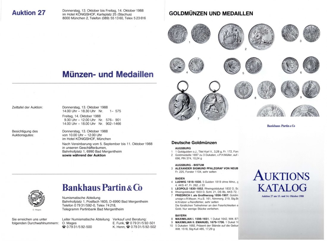  Bankhaus Partin Auktion 27 (1988) Münzen & Medaillen aus Gold und Silber ua Serie Bayern   