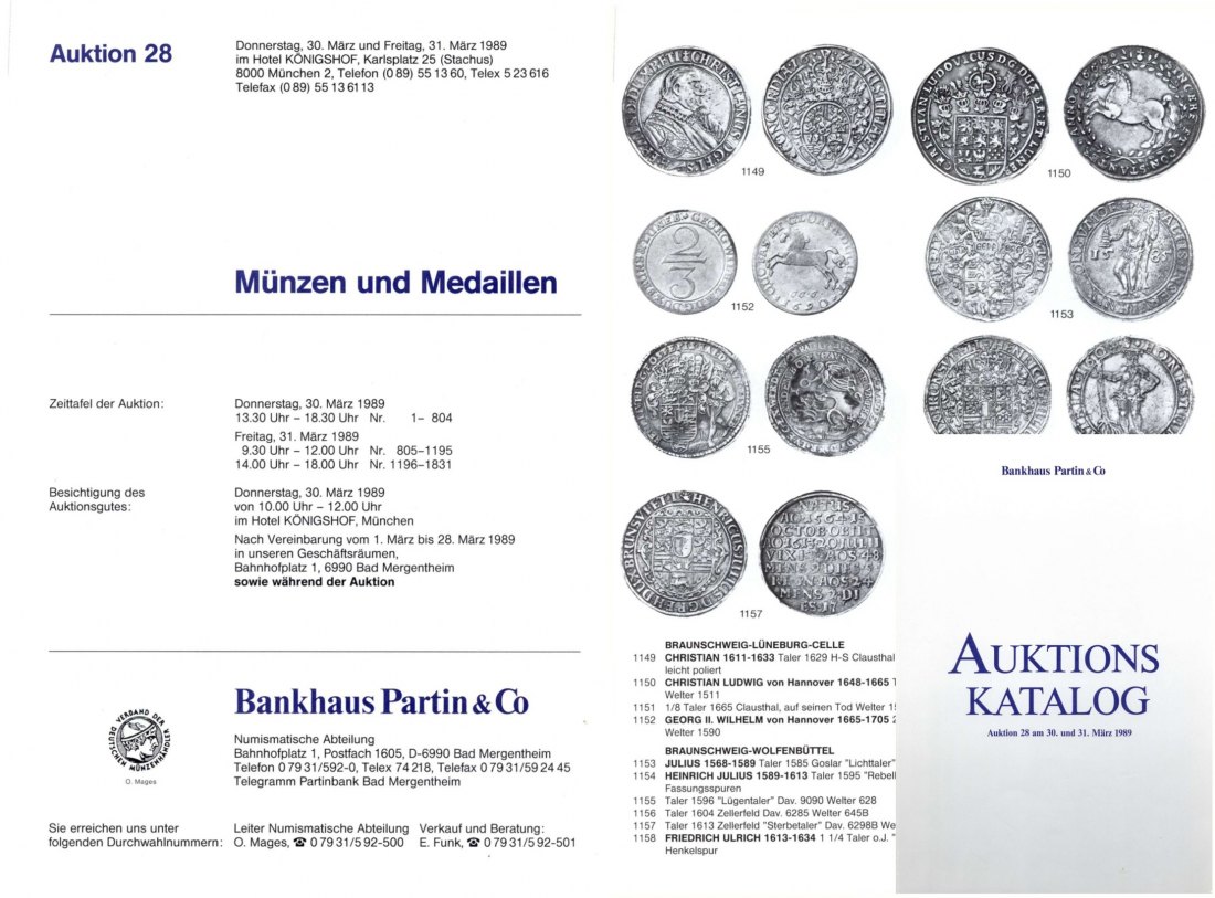  Bankhaus Partin Auktion 28 (1989) Münzen & Medaillen aus Gold & Silber ,Serien Bayern & Braunschweig   