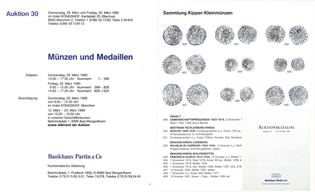  Bankhaus Partin Auktion 30 (1990) Sammlung Kipper-Kleinmünzen aus dem 30jährigen Krieg ,Serie Bayern   