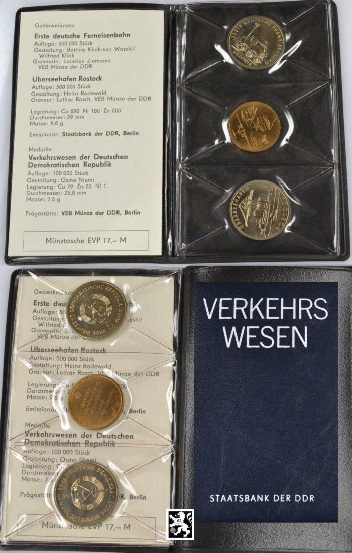  DDR Gedenkmünzensatz Verkehrswesen 2 x 5 Mark + Kupferplatte STGL im Kunstleder Folder   