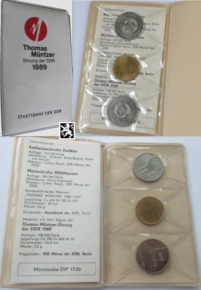  DDR Gedenkmünzensatz Thomas Müntzer 2 x 5 Mark + Kupferplatte STGL im Kunstleder Folder   