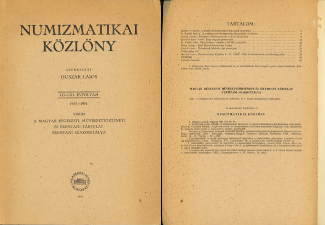  Huszar Lajos; Numismatikai Köslöny; LII. - LIII. Evfolyam 1953-1954; Budapest 1954   