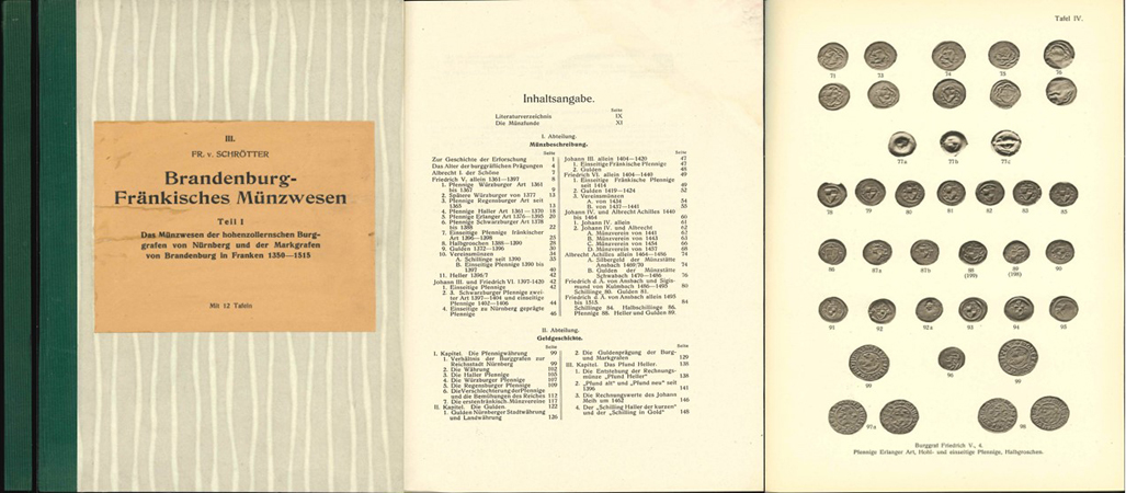  Fr.v.Schrötter; Brandenburg-Fränkisches Münzwesen; Teil I.; A.Riechmann & Co., 1927   