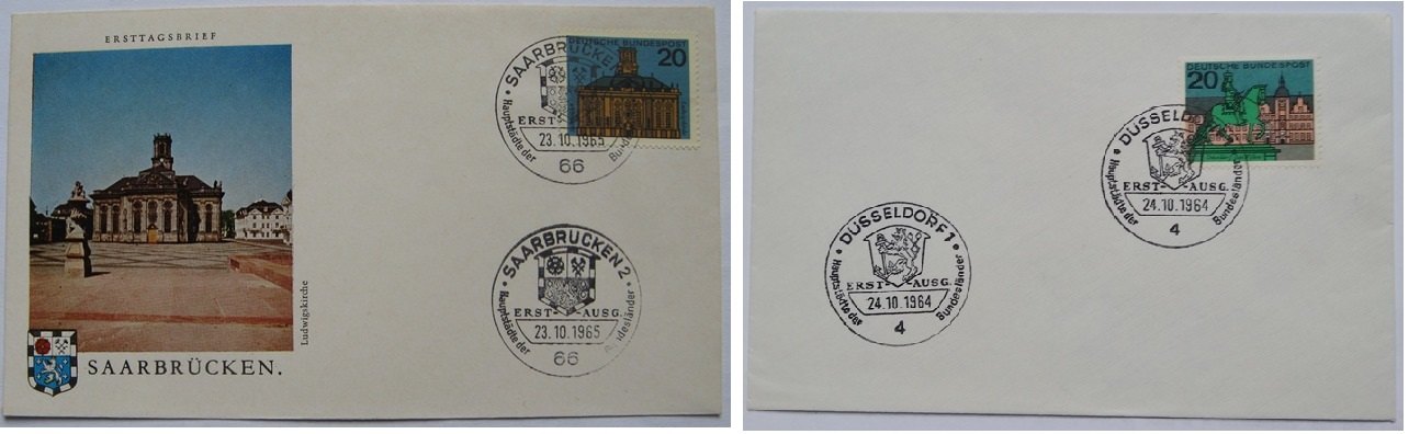  1964/1965, Deutschland, ein Satz 2 Stk Ersttagsbriefen+Mi DE 423/427 (Hauptstädte der Bundesländer)   