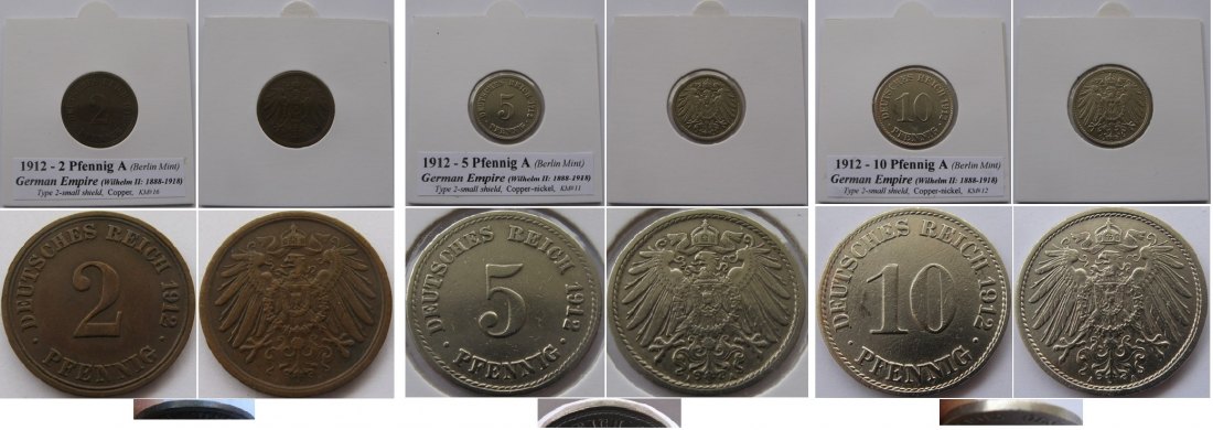  1912, Deutsches Reich, ein Satz: 2-5-10 Pfennig   