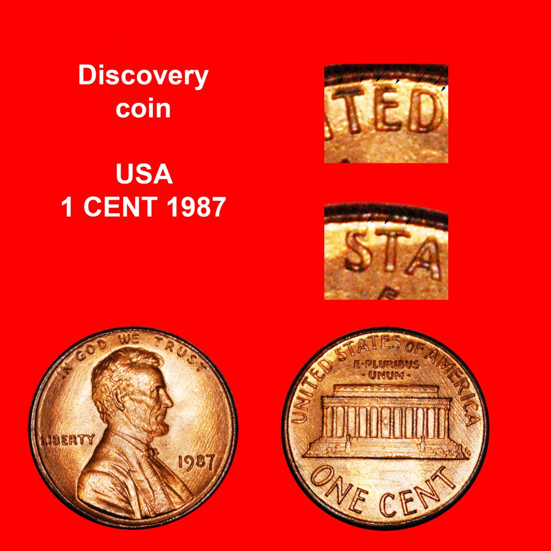  * MEMORIAL 1982-2008: USA★1 CENT 1987 UNC MINT LUSTRE DISCOVERY UNPUBLISHED★LOW START! ★ NO RESERVE!   