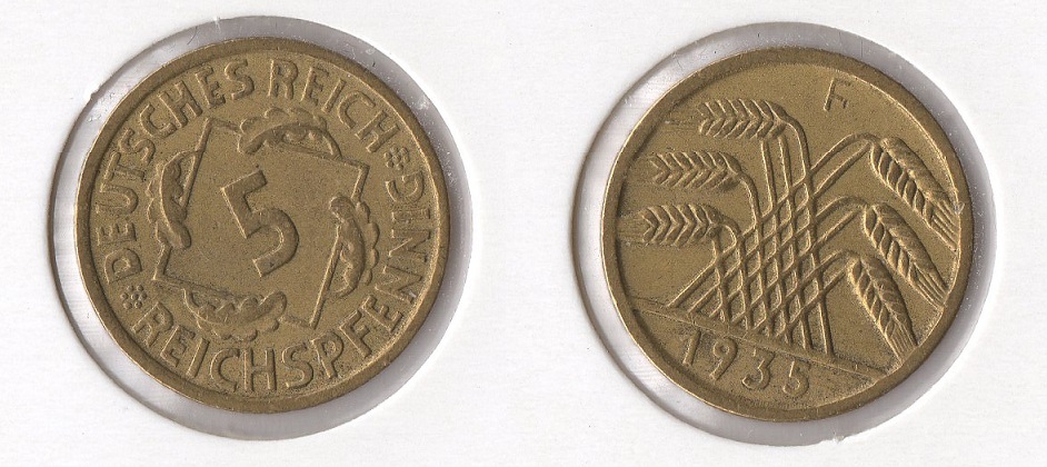 Weimarer Republik 5 Reichspfennig 1935 -F- J. 316 Vorzüglich   