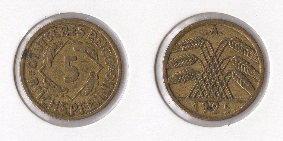  Weimarer Republik 5 Reichspfennig 1925 -A- J. 316 ss-vz   