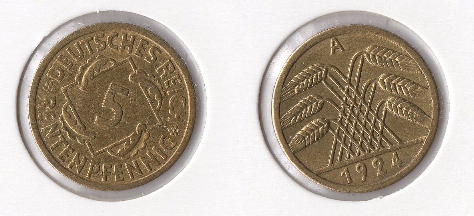  Weimarer Republik 5 Rentenpfennig 1924 -A- J. 308 ss+ -vz   