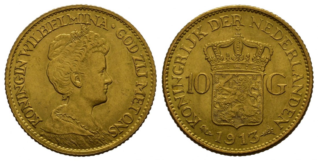 PEUS 8737 Niederlande 6,06 g Feingold. Wilhelmina (1890 - 1948) 10 Gulden GOLD 1913 Vorzüglich