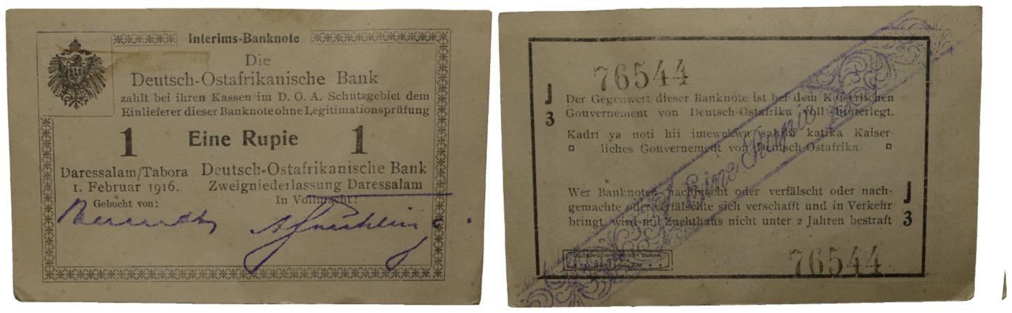  Deutsch-Ost-Afrika 1 Rupie 1916 Interims-Banknote Daressalam / Tabora, Nr. 76544 J3   