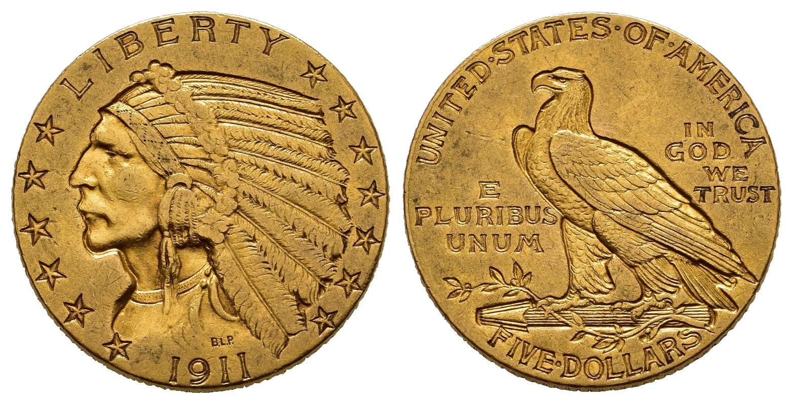 PEUS 8768 USA 7,52 g Feingold. Indian Head 5 Dollars GOLD 1911 Sehr schön