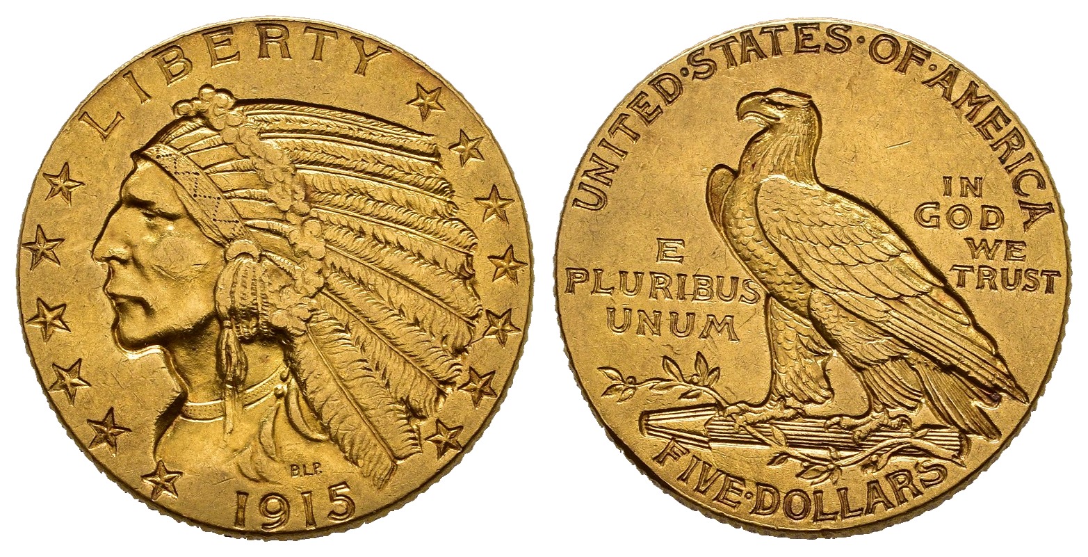 PEUS 8772 USA 7,52 g Feingold. Indian Head 5 Dollars GOLD 1915 Sehr schön