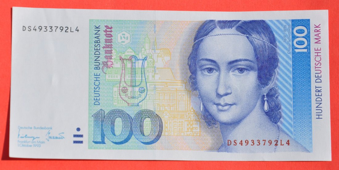  DEUTSCHLAND 100 Deutsche Mark 1993, Ro. 306a, ungelaufene, originale Standardnote, milde Falte   
