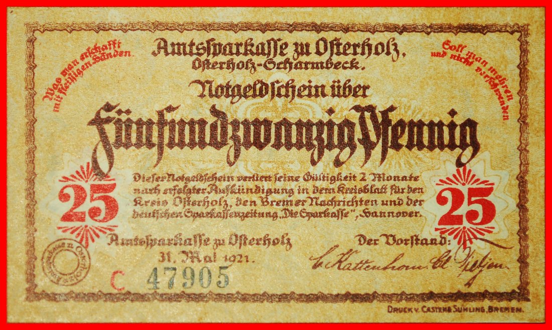  * HANOVER: GERMANY OSTERHOLZ-SCHARMBECK★25 PFENNIG 1921 UNC CRISP★UNPUBLISHED★LOW START★ NO RESERVE!   