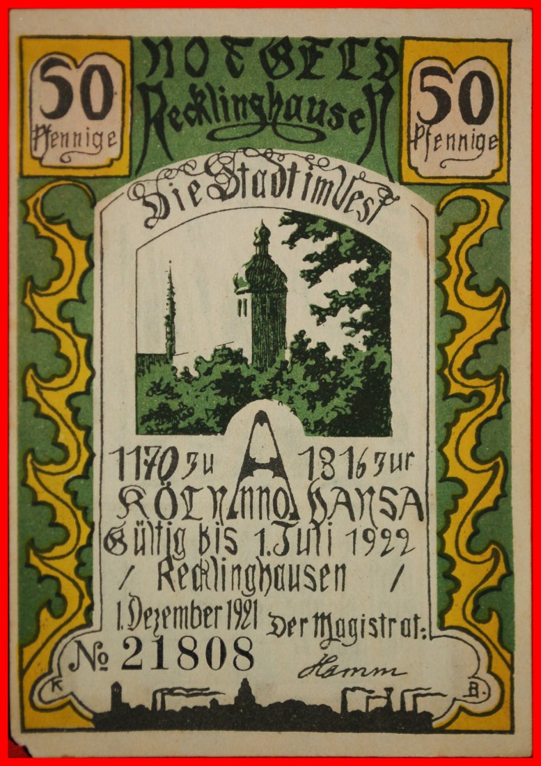  * WESTFALEN: RECKLINGHAUSEN ★ 50 PFENNIG 1921 VZGL KNACKIG! GERADE VERÖFFENTLICHT★OHNE VORBEHALT!   