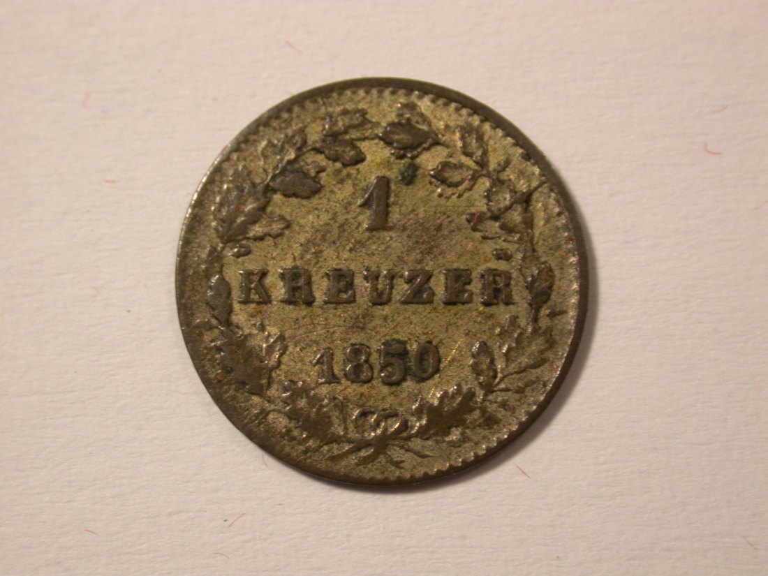 H10 Hessen-Darmstadt 1 Kreuzer 1850 in f.vz Originalbilder