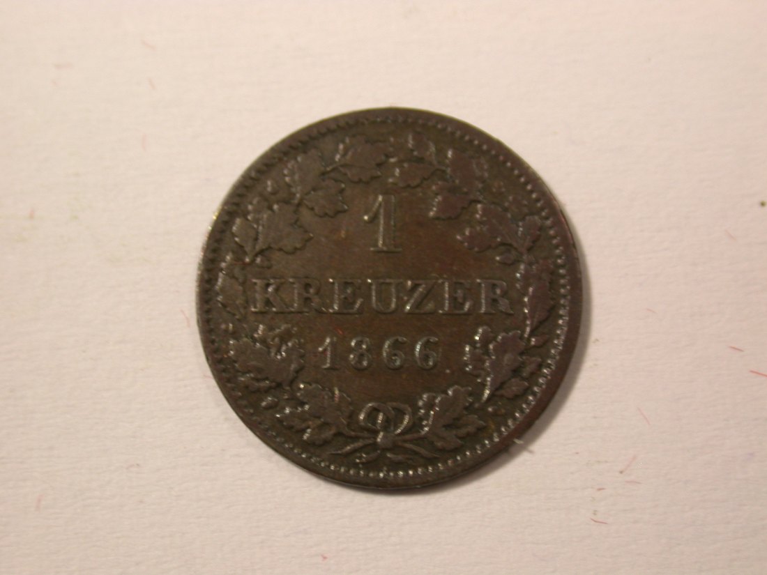 H10 Hessen-Darmstadt 1 Kreuzer 1866 in ss Originalbilder