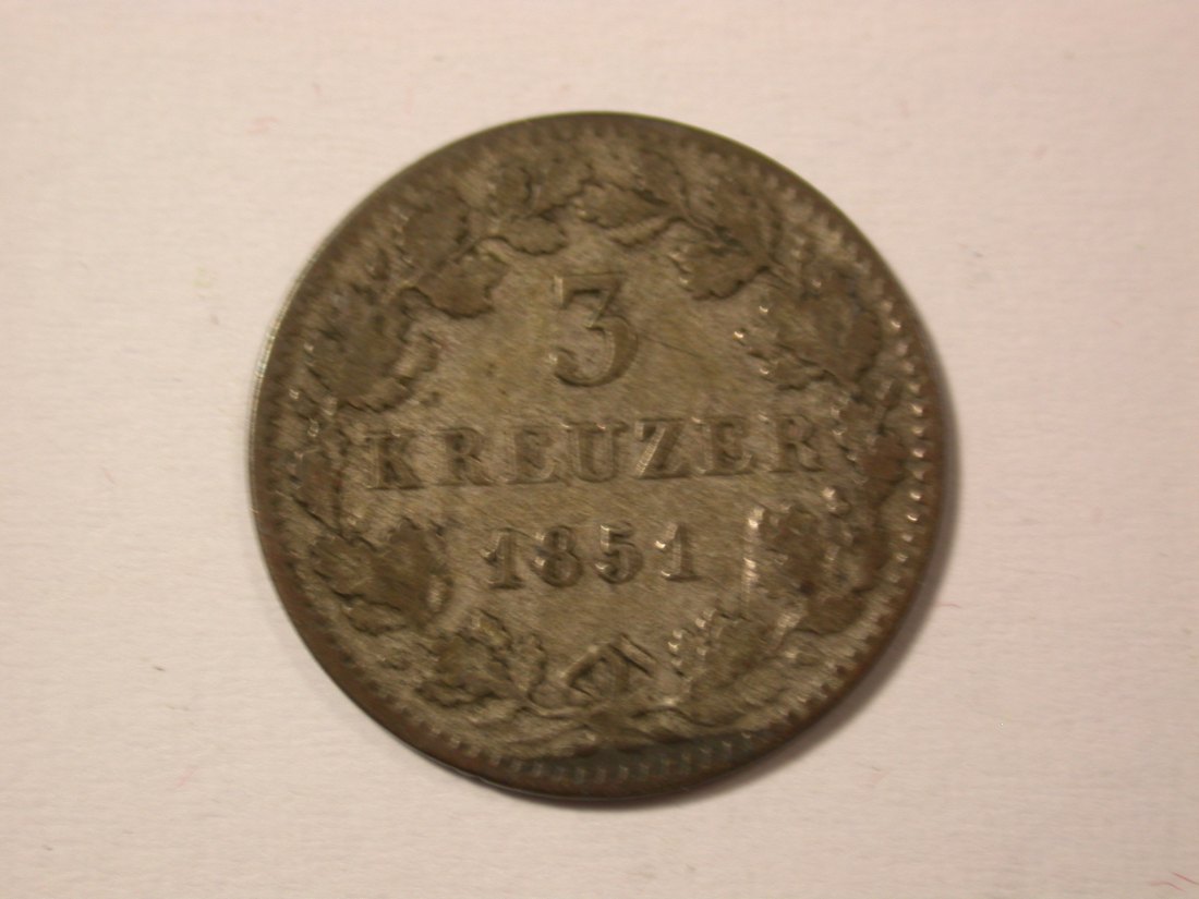 H10 Bayern 3 Kreuzer 1851 in s-ss Originalbilder