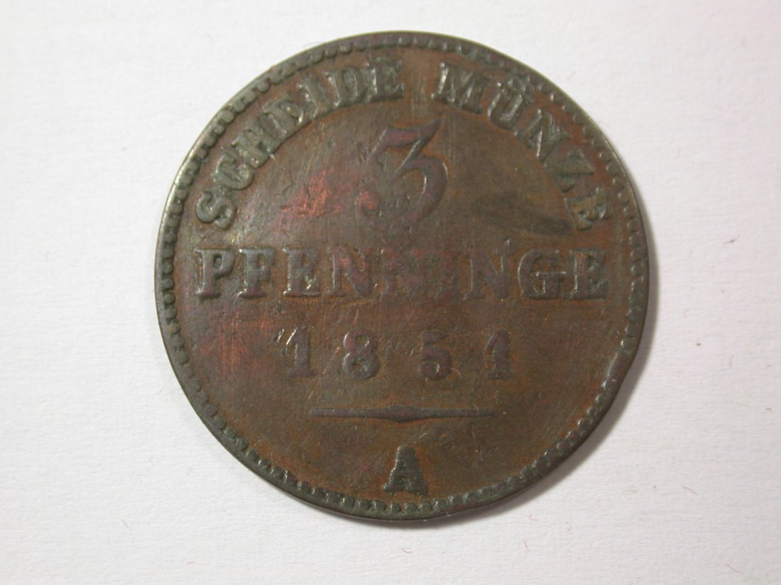  H10  Preussen  3 Pfennig 1851 A in s/s-ss  Originalbilder   