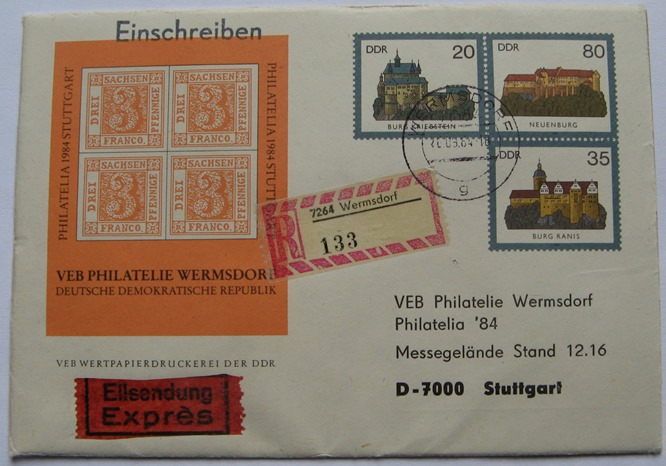 1984, Deutschland-DDR, ein Gedenkumschlag: Wermsdorf Philatelia 1984+ Mi DD 2913-2915   