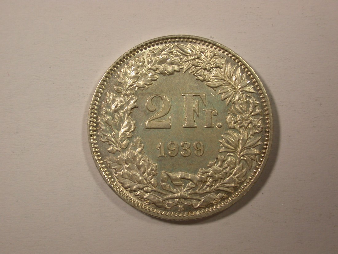 H11 Schweiz 2 Franken Silber 1939 in vz-st Originalbilder