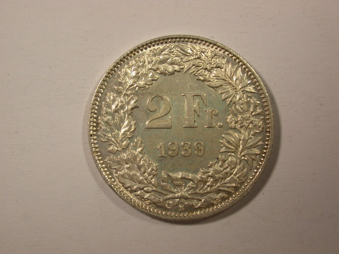  H11  Schweiz 2 Franken Silber 1939 in vz-st   Originalbilder   