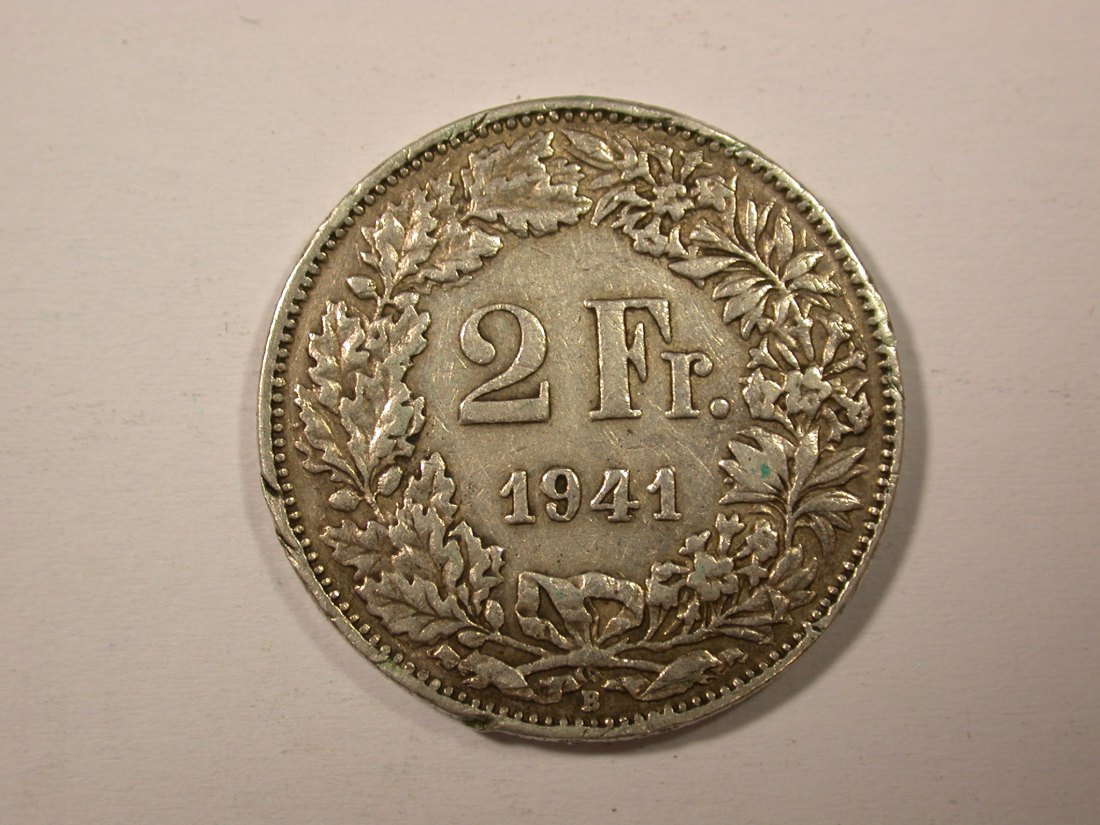  H11  Schweiz 2 Franken Silber 1941 in ss, Randfehler    Originalbilder   