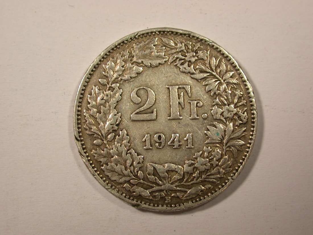H11 Schweiz 2 Franken Silber 1941 in ss, Randfehler Originalbilder