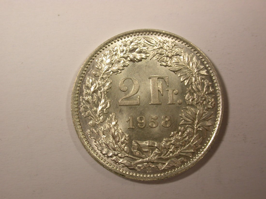  H11  Schweiz 2 Franken Silber 1958 in f.st/ST   Originalbilder   