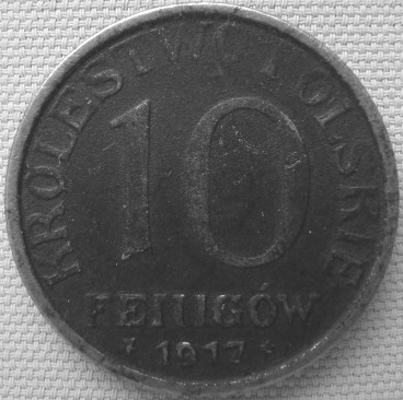  gepl. Königr. Polen 10 Fenigow 1917 F, Eisen, Schrift berührt Randstab, Jäger N606b   
