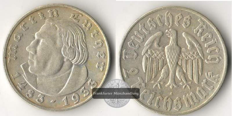  Drittes Reich  2 Reichsmark  1933 A  Martin Luther   FM-Frankfurt  Feinsilber: 5g   