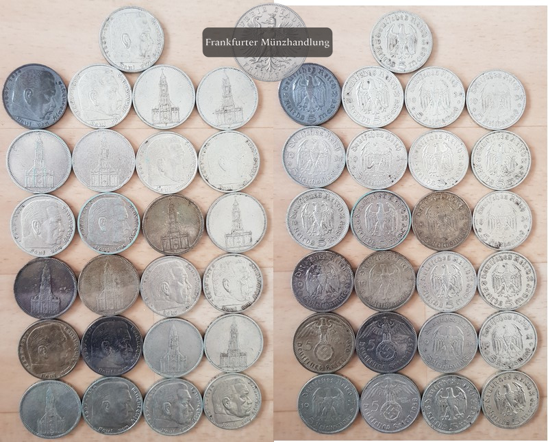  Drittes Reich, 1933-1945. 25 x 5 Reichsmark ver. Jgg FM-Frankfurt Feinsilber 25 x 12,5g, zus. 312,5g   