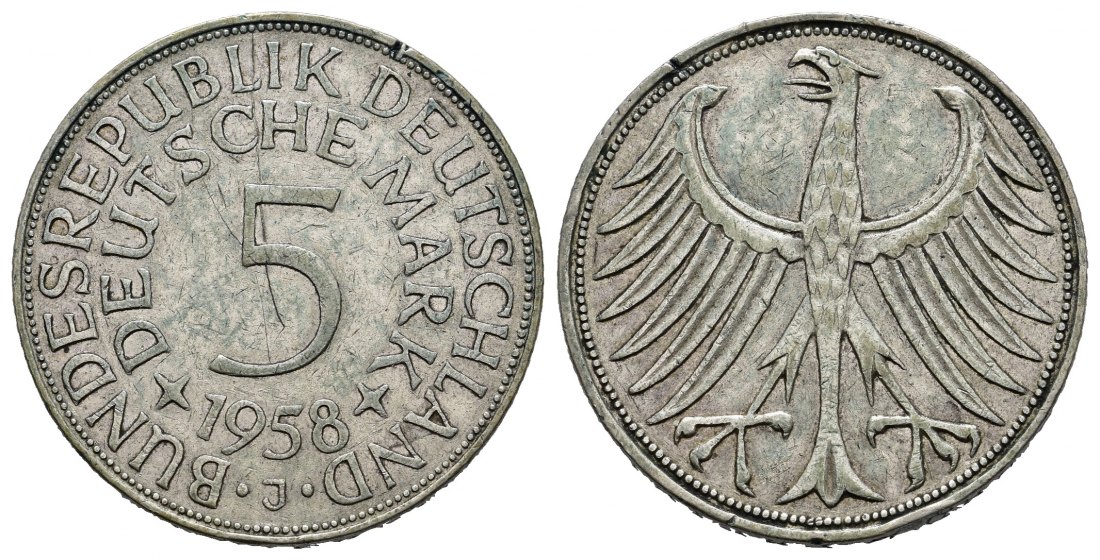 PEUS 8792 Bundesrepublik Deutschland  5 Mark 1958 J Kratzer, Sehr schön